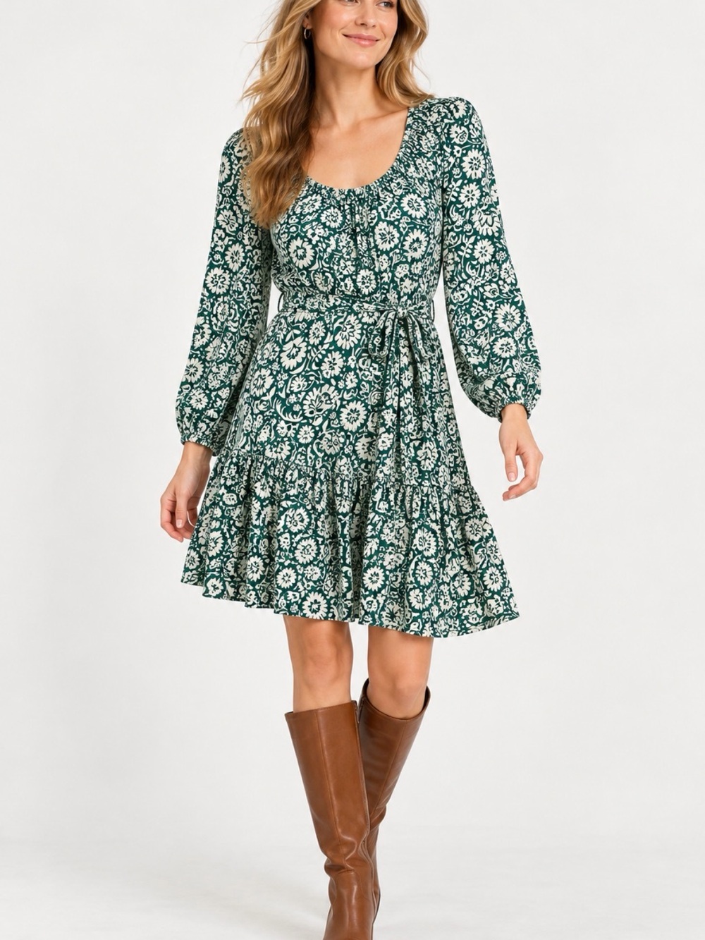 Boden Scoop Tiered Jersey Floral Dress Green US 12L Large NWT